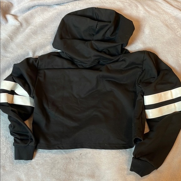 Black Cropped Hoodie with White Stripes - Picture 8 of 10
